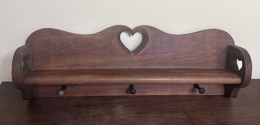 Vintage 1980s Solid Wood Country Wall Shelf W/ 3 Heart Cutouts – 24"